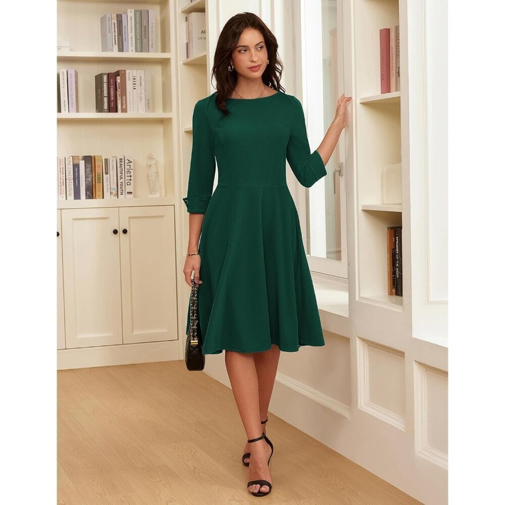 Grace Karin Women Green 3/4 Sleeve Fit and Flare Classy Dress with Pockets - Picture 2 of 4